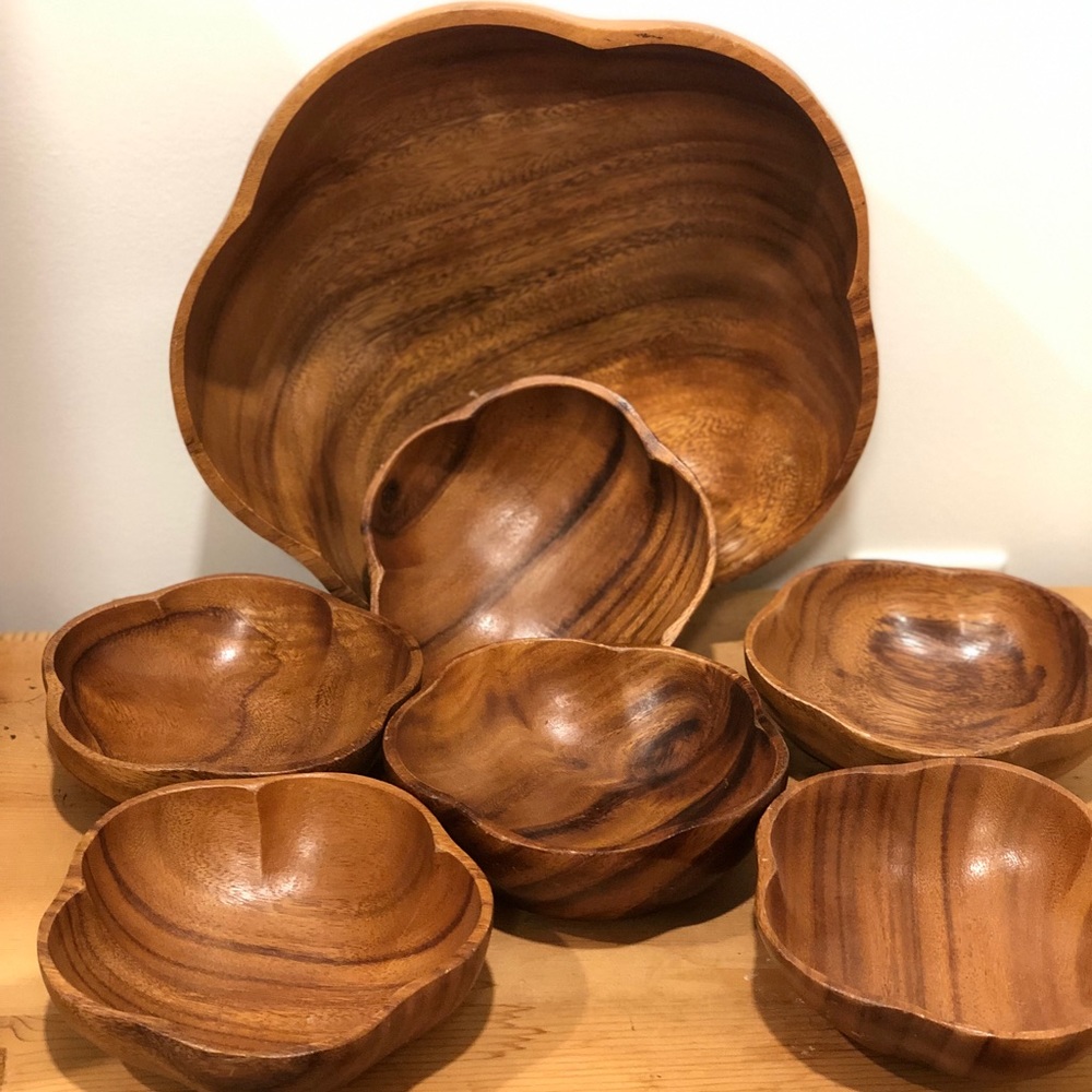 Mid Century Monkeypod Wooden Salad Bowl Serving Set